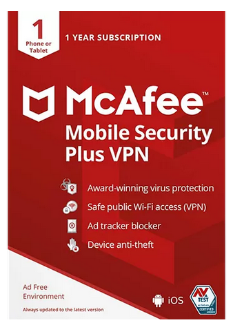 McAfee Mobile Security Plus VPN 1 Year Unlimited Devices Key - Click Image to Close